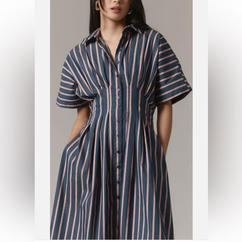 Anthropologie Exquise  The Tobie Button-Front Pleated Shirt Dress Navy Blue